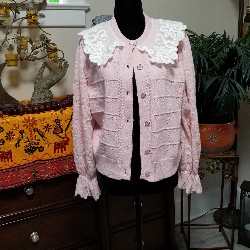 🆕️ Korean Sweet Sailor Collar Pink/White Cardigan. Size: Small.